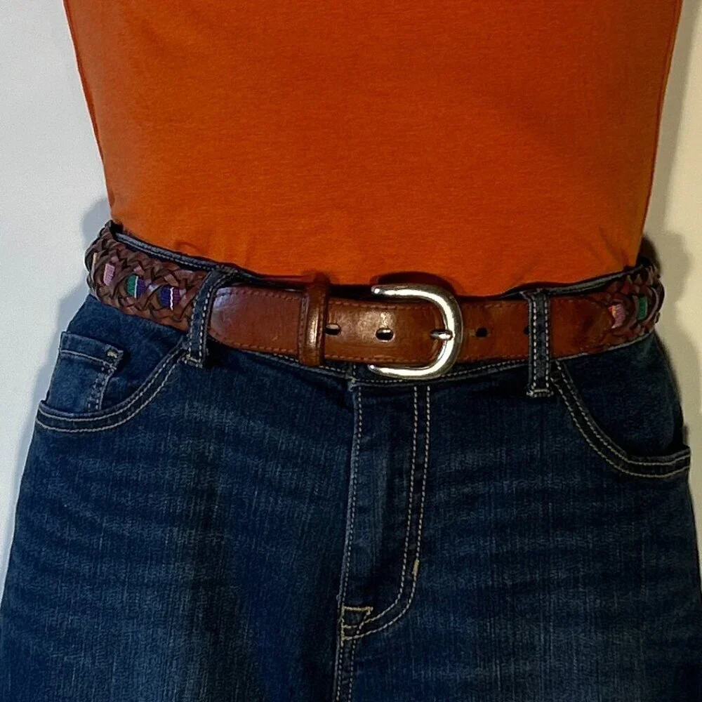 Fossil SZS Braided multi color tape leather belt western artsy ranch southwest